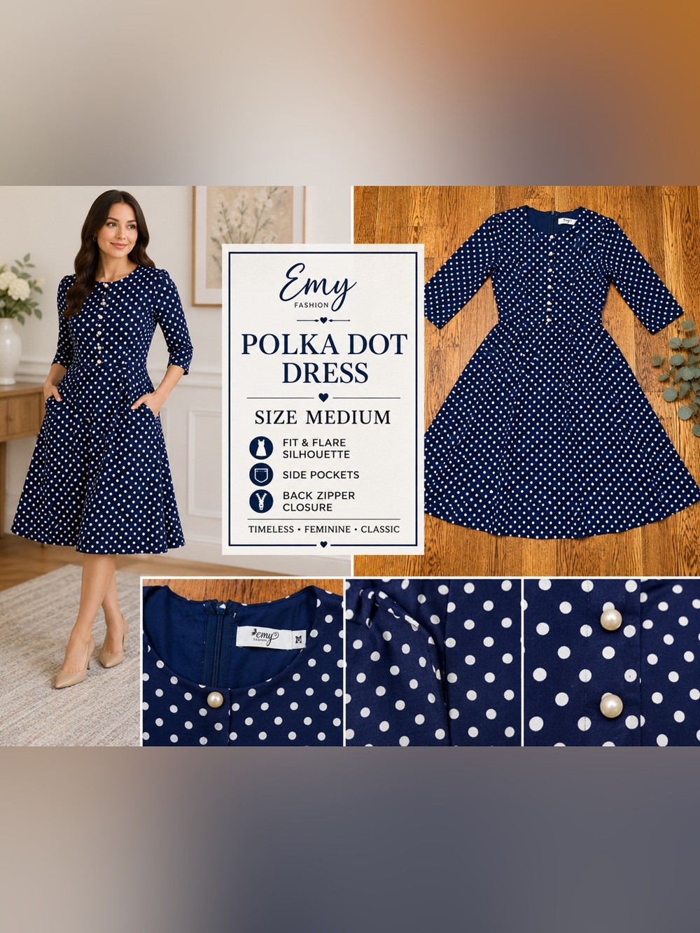 Emy Fashion Blue White Polka Dot Dress Size Medium | Fit & Flare With Pockets